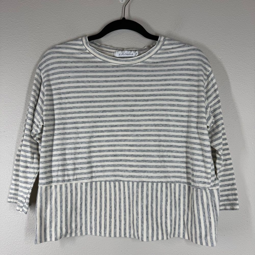 Cut Loose Stripe Tee Shirt Size XS Gray Minimalist Lagenlook Contemporary Casual